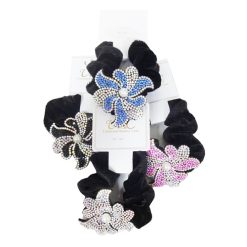 Hair Scrunchie Black W-Flower Asst Clrs-wholesale