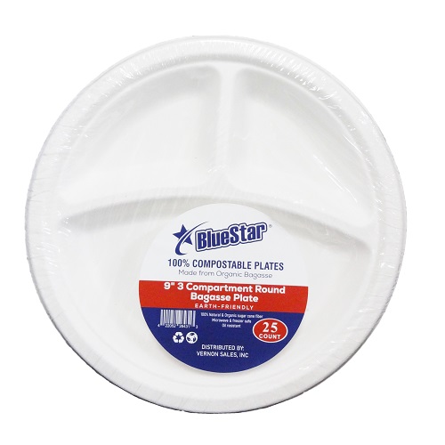 Blue Star Bagasse Plates 3-Com 25ct 9in-wholesale Blue Star Bagasse Plates 3-Com 25ct 9in-wholesale