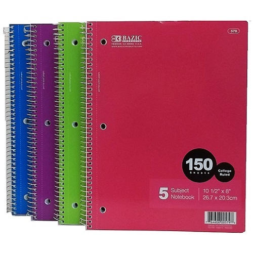 Notebook 5 Subj 150ct C-R Spiral Asst-wholesale Notebook 5 Subj 150ct C-R Spiral Asst-wholesale