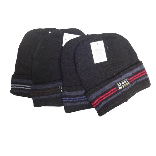 Mens Beanie Black W-Stripes-wholesale Mens Beanie Black W-Stripes-wholesale
